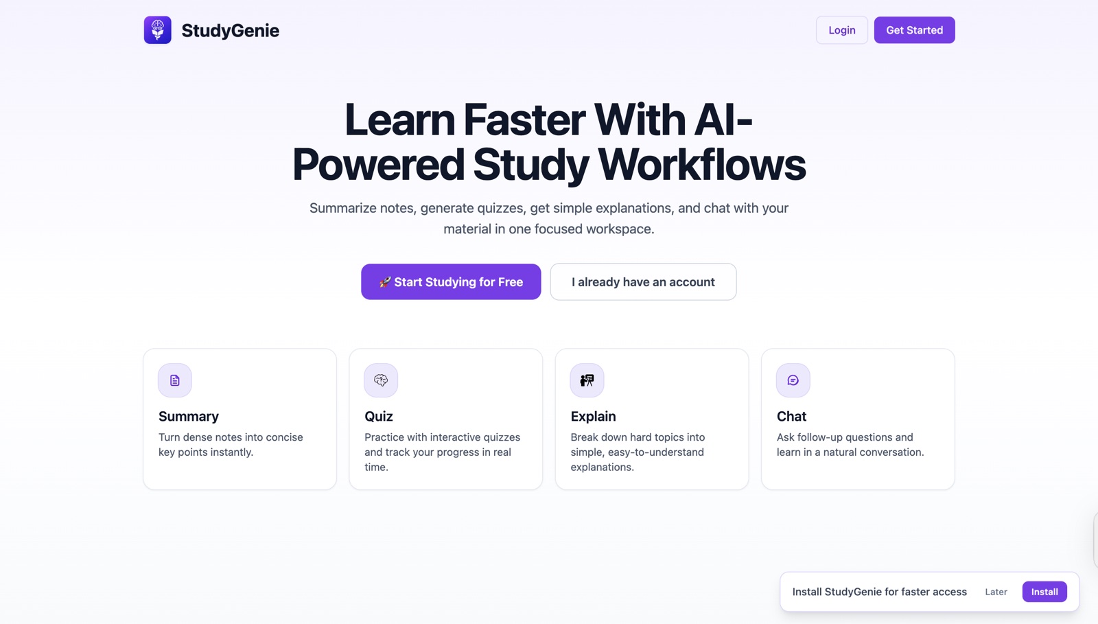 StudyGenie — AI-Powered Study Assistant landing page preview